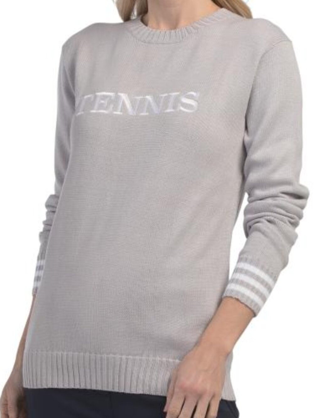 The Bubble Tennis Sweater LARGE ,GREY Striped Cuff Cotton Blend Womens NEW